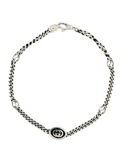 Pre-owned Gucci Enamel Interlocking G Station Link Bracelet, 7" In Black