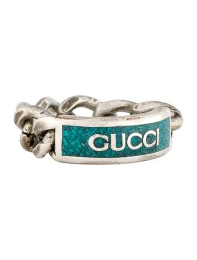 Pre-owned Gucci Enamel Logo Chain Ring In Blue