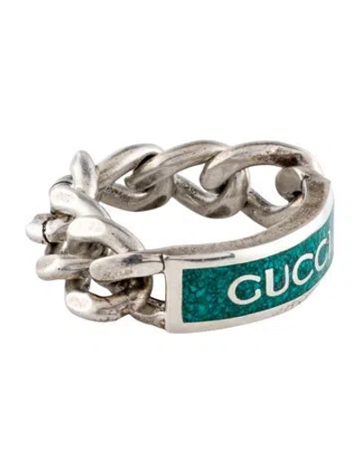 Pre-owned Gucci Enamel Logo Chain Ring In Green