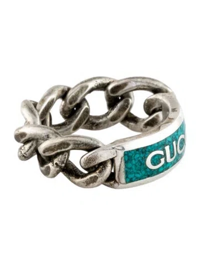 Pre-owned Gucci Enamel Logo Chain Ring In Green