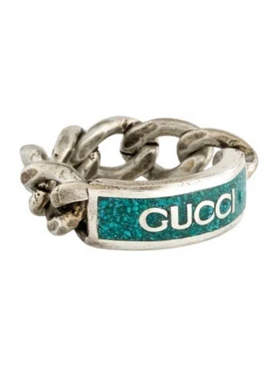Pre-owned Gucci Enamel Logo Plaque Chain Ring In Multi