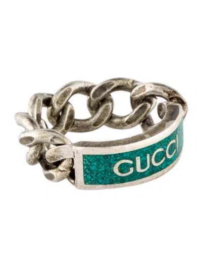 Pre-owned Gucci Enamel Logo Plaque Ring In Green