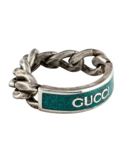 Pre-owned Gucci Enamel Logo Plaque Ring In Green
