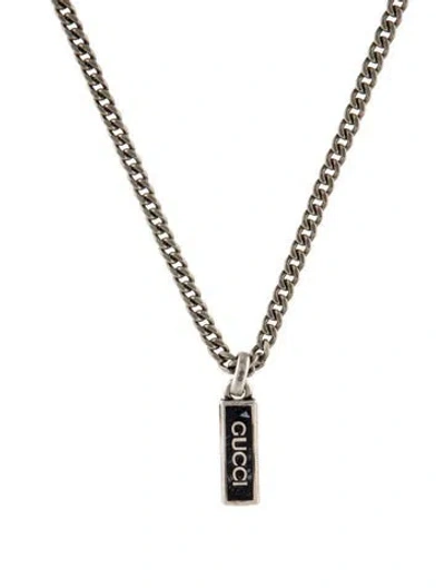 Pre-owned Gucci Enamel Logo Tag Pendant Necklace, 22" In Black