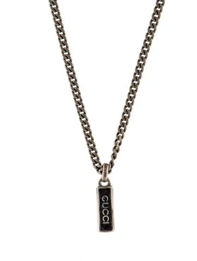 Pre-owned Gucci Enamel Logo Tag Pendant Necklace, 22" In Black