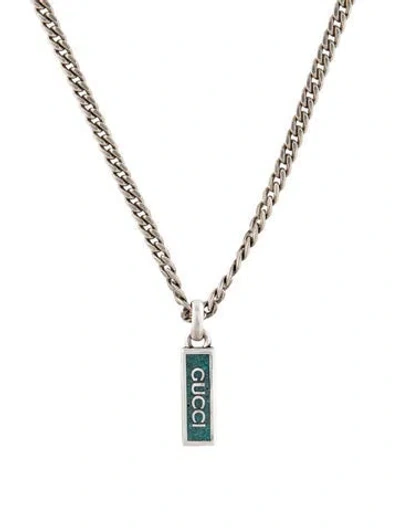 Pre-owned Gucci Enamel Logo Tag Pendant Necklace, 22" In Green