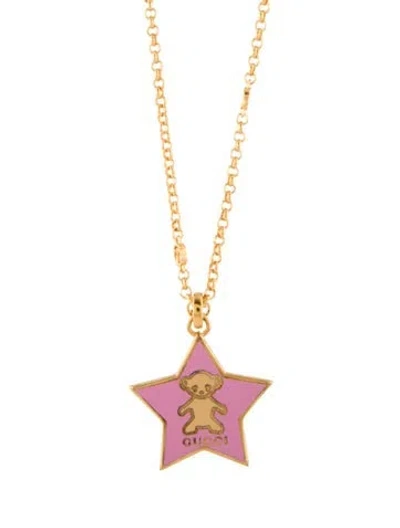 Pre-owned Gucci Enamel Teddy Pendant Necklace, 23.75" In Pink