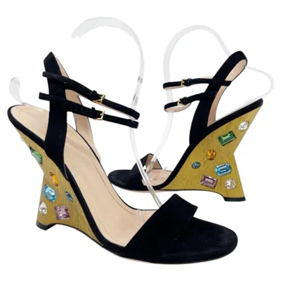 Pre-owned Gucci Engel Black Suede Crystal Embellished Sculptural Wedge Sandals It 39