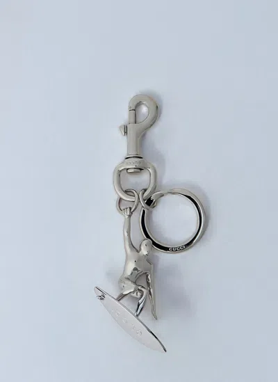 Gucci Men Engraved Surfer Keyring Charm In Silver