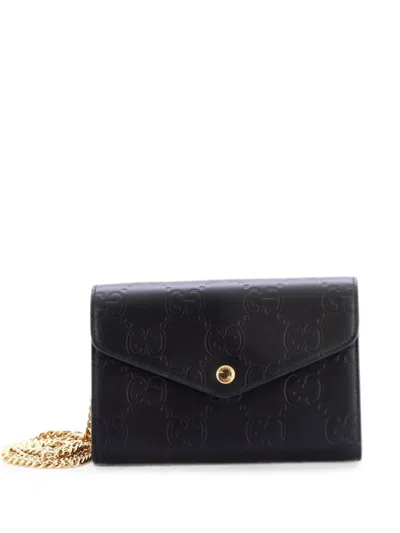 Pre-owned Gucci Envelope Wallet On Chain Ssima Leather Shoulder Bag In Black