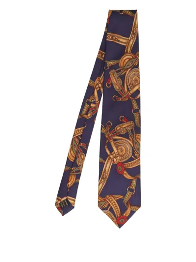 Pre-owned Gucci Equestrian-print Tie In Blue