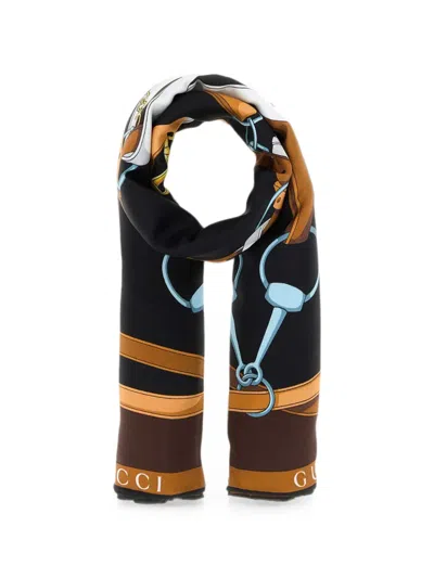 Gucci Silk Twill Scarf With Horsebit Print In Brown