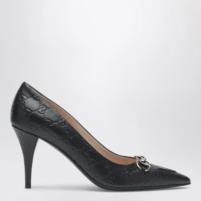 Gucci High-heeled Leather Slip-on Shoe With Monogram Design In Black