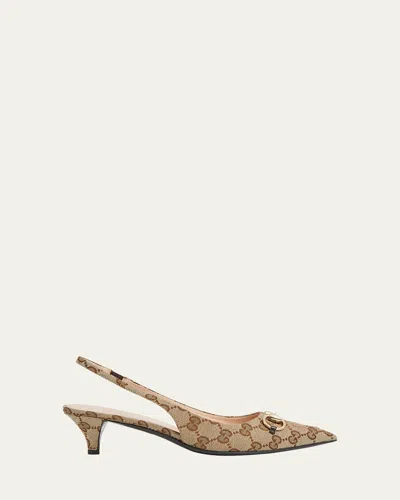 Gucci Women Gg Logo Slingback Pump With Horsebit In Brown