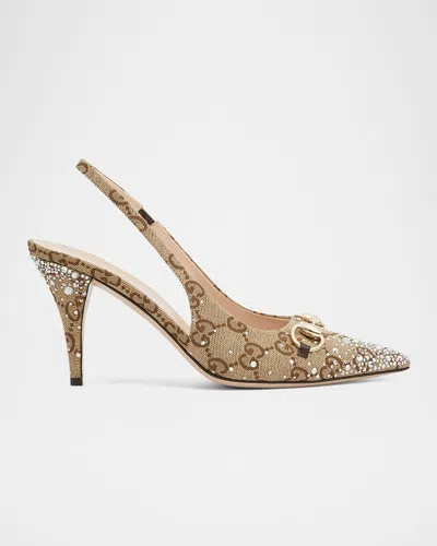GUCCI ERIN GG CRYSTAL CANVAS SLINGBACK PUMPS