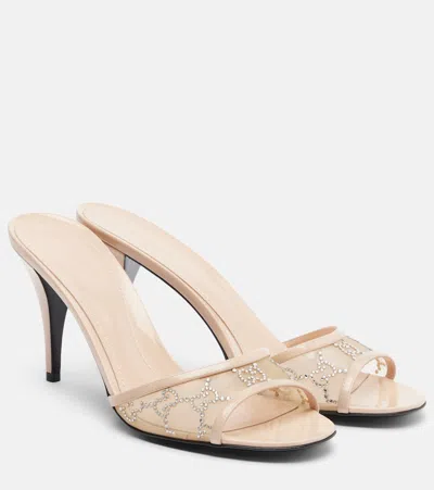Gucci Erin Gg Embellished Leather-trimmed Mules In Pink