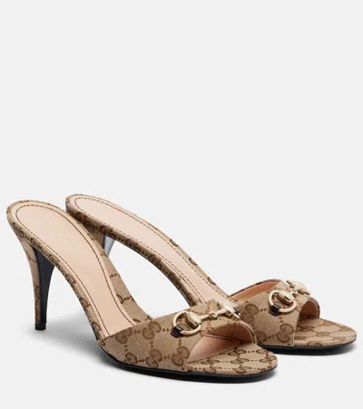 Gucci Erin Horsebit Gg Canvas Mules In Sand
