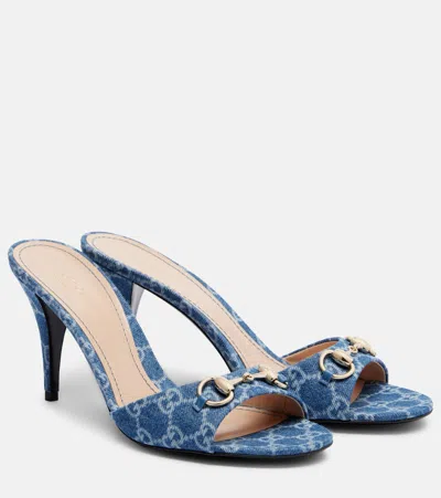 Gucci Erin Horsebit Gg Denim Mules In Blue