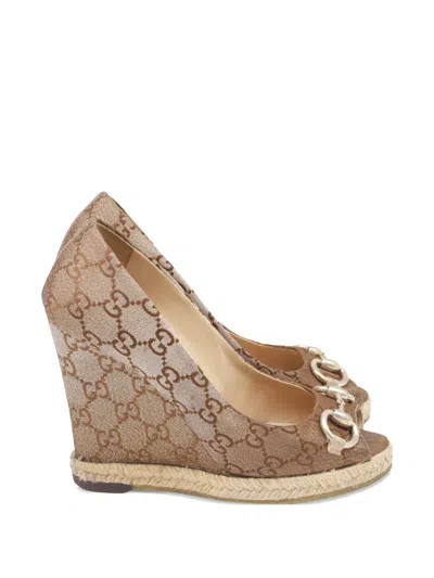 Pre-owned Gucci Espadrille Platform Gg-canvas Wedge Sandals In Neutral