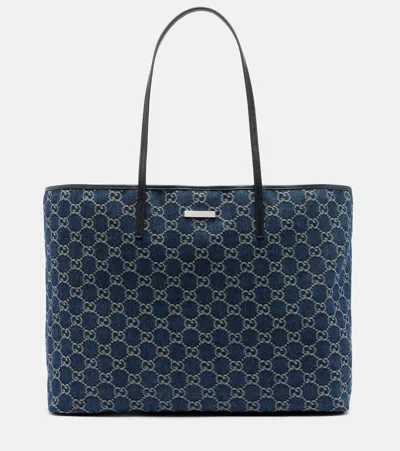 Gucci Essence Large Leather-trimmed Denim Tote Bag In Brown