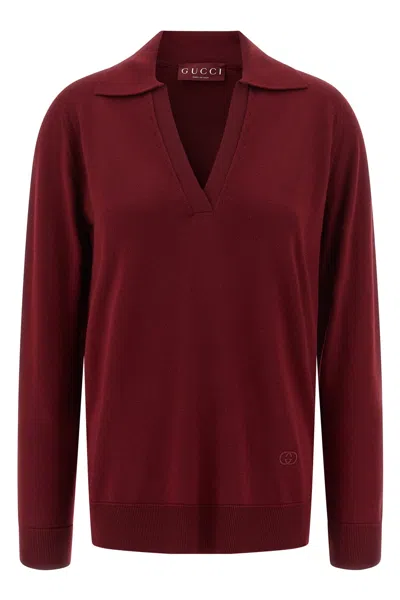GUCCI GUCCI LOGO EMBROIDERED LONG-SLEEVE KNIT POLO SHIRT