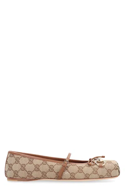 Gucci Fabric Ballet Flats With Logo In Neutral