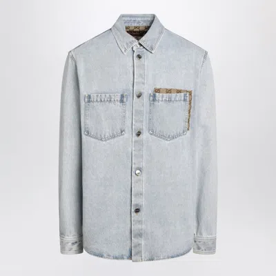 Gucci Faded Denim Shirt With Gg Insert Men In Blue