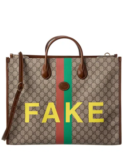 Gucci Fake/not Print Large Gg Supreme Canvas & Leather Tote In Gold