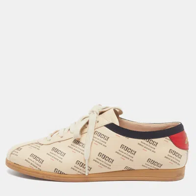 Pre-owned Gucci Falacer Invite Print Size 36.5 Beige Leather Low Top Sneakers In Sand