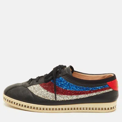 Pre-owned Gucci Falacer Size 40 Black Leather And Glitter Web Low Top Sneakers
