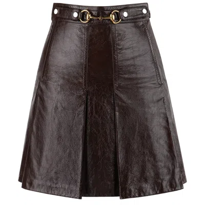 Pre-owned Gucci Fall 2017 Brown Genuine Leather Gold Horsebit Buckle Pleated Mini Skirt