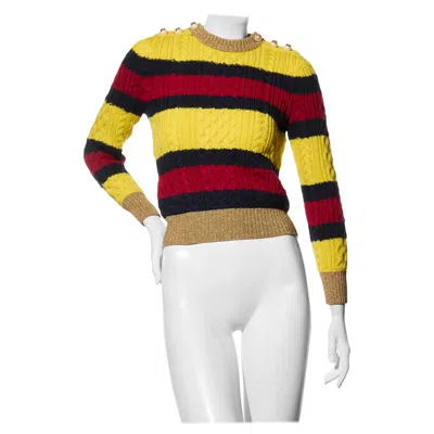 Pre-owned Gucci Fall/winter 2017 Striped Cable Knit Sweater With Gg Pearl Buttons Size S In Sand