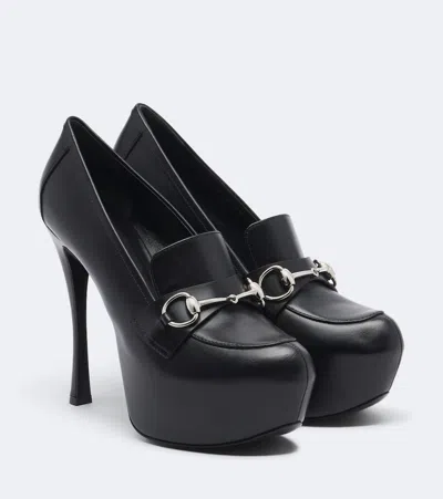 Gucci Fame Horsebit Leather Platform Pumps In Black