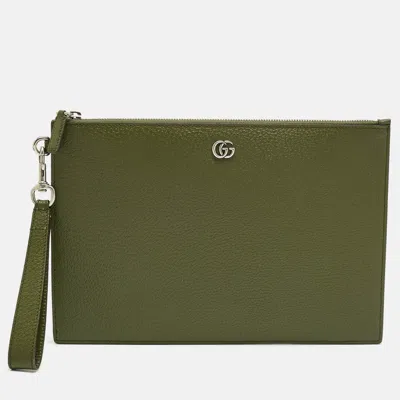 Pre-owned Gucci Fatigue Green Leather Gg Marmont Pouch