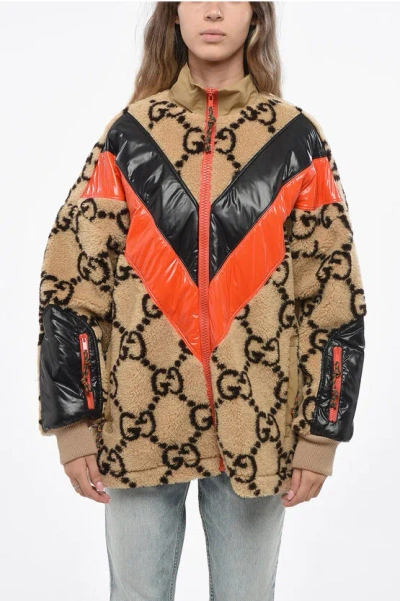 Gucci Faux Fur Logoed Jacket With Nylon Details In Multi