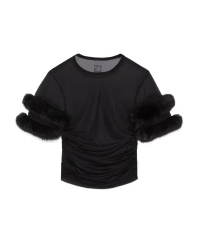Gucci Faux Fur-trim Mesh Top In Black