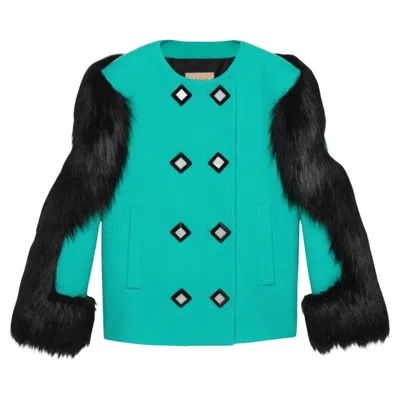 Pre-owned Gucci Faux Fur-trimmed Wool Jacket It 42 In Blue