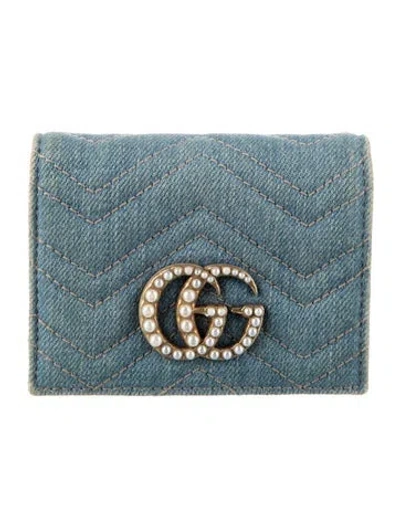 Pre-owned Gucci Faux Pearl Accents Denim Wallet In Blue