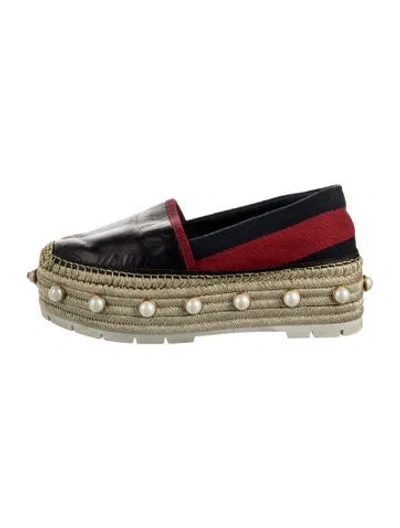 Pre-owned Gucci Faux Pearl Accents Leather Espadrilles In Black