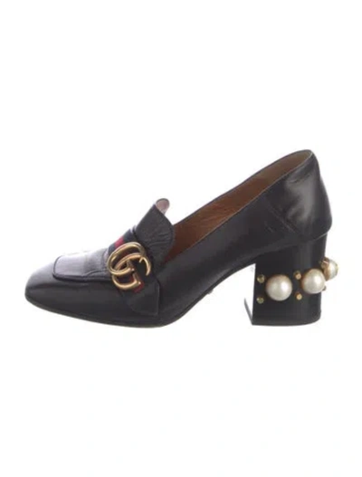 Pre-owned Gucci Faux Pearl Accents Leather Loafers In Black