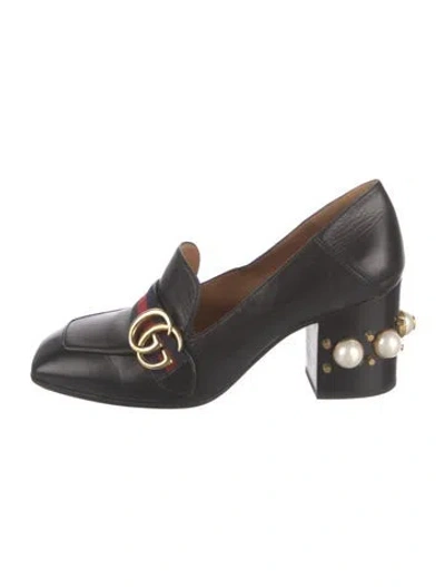 Pre-owned Gucci Faux Pearl Accents Leather Loafers In Black