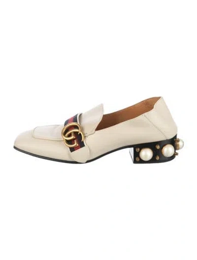 Pre-owned Gucci Faux Pearl Accents Leather Loafers In Neutral
