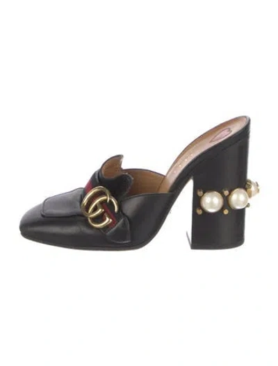 Pre-owned Gucci Faux Pearl Accents Leather Mules In Black