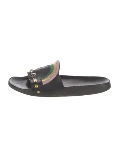 Pre-owned Gucci Faux Pearl Accents Leather Slides In Black