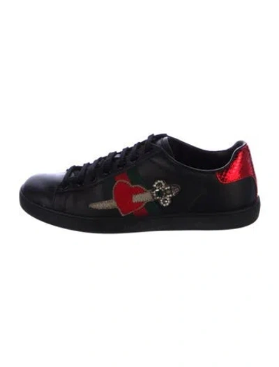 Pre-owned Gucci Faux Pearl Accents Leather Sneakers In Black