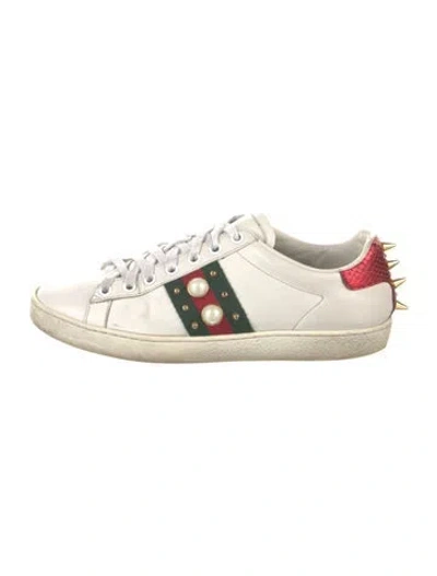 Pre-owned Gucci Faux Pearl Accents Leather Sneakers In White
