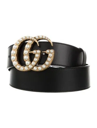 Pre-owned Gucci Faux Pearl Accents Leather Waist Belt In Black