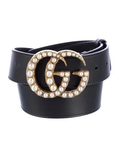 Pre-owned Gucci Faux Pearl Accents Leather Waist Belt In Black