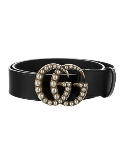 Pre-owned Gucci Faux Pearl Accents Leather Waist Belt In Black