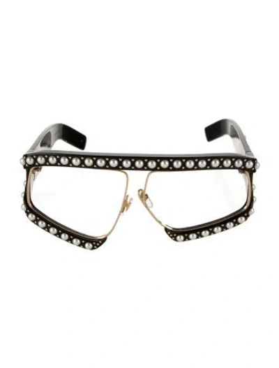 Pre-owned Gucci Faux Pearl Accents Shield Eyeglasses In Black